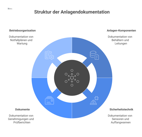 Infografik zur Anlagendokumentation mit den vier Hauptbereichen: Anlagen-Komponenten, Sicherheitstechnik, Dokumente und Betriebsorganisation.