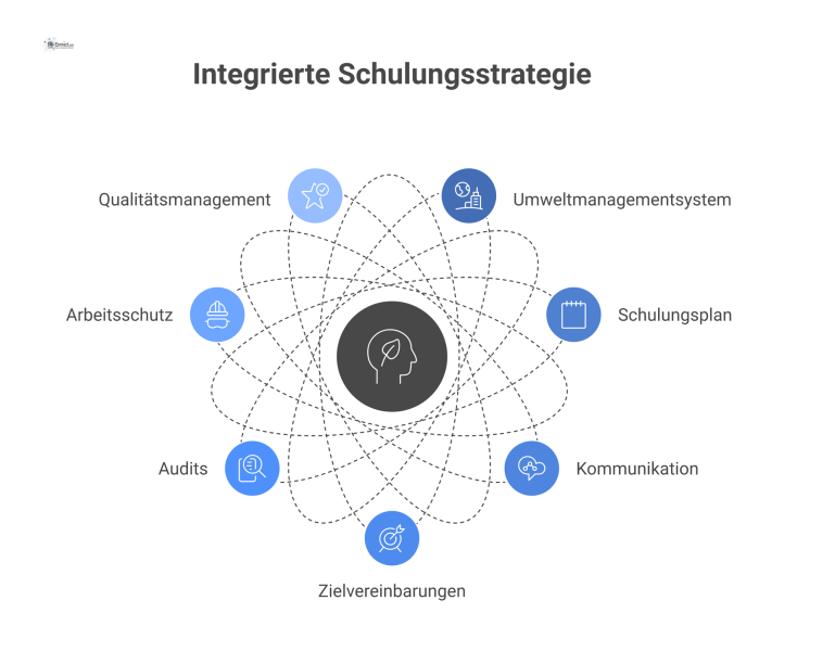 Infografik zur Schulungsstrategie Umwelt, die mit Umweltmanagement, Schulungsplan, Kommunikation und Audits verbunden ist und Anknüpfungspunkte zu Arbeitsschutz und Qualität zeigt. 