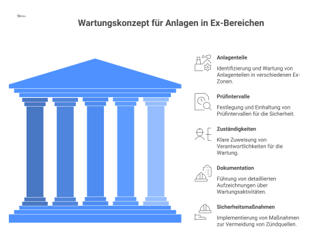  Infografik zum Wartungskonzept für Ex-Anlagen, welche die Schlüsselelemente wie Prüfintervalle, Zuständigkeiten, Dokumentation und Sicherheitsmaßnahmen zur Zündquellenvermeidung visualisiert.