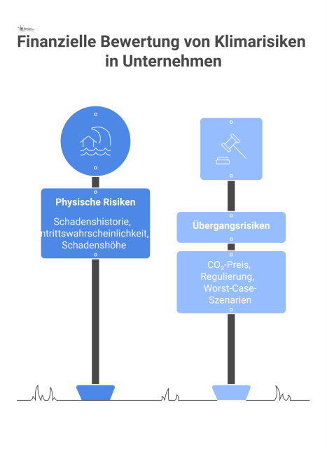Infografik, die den Prozess zur finanziellen Bewertung von Klimarisiken darstellt, unterteilt in physische Risiken und Übergangsrisiken mit Analyseprozess.