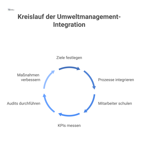 Kreislaufdiagramm des Plan-Do-Check-Act-Zyklus zur Integration von Umweltmanagement in die Facility Management Handlungsfelder Energie, Wasser, Abfall und Beschaffung.