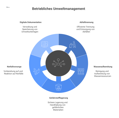 Diagramm zum Umweltmanagement: Ein zentraler Hub ist mit Icons für Abfalltrennung, Wasseraufbereitung, Gefahrstofflagerung, Notfallvorsorge und Dokumentation verbunden.