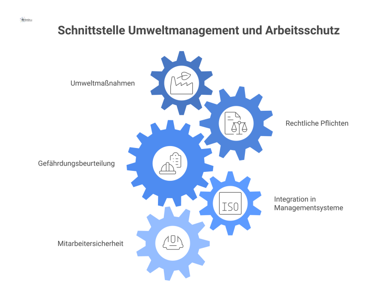 Infografik zeigt, wie Umweltmaßnahmen rechtliche Pflichten, wie die Gefährdungsbeurteilung, auslösen, um die Sicherheit der Mitarbeiter zu gewährleisten. 
