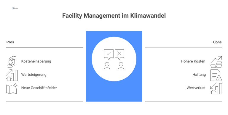 Facility Management im Klimawandel Diagramm zum Klimawandel: Ein Gebäude in der Mitte, links die Risiken wie Kosten und rechts die Chancen wie Wertsteigerung.