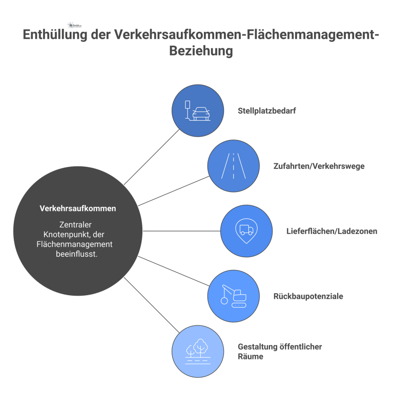 Verknüpfung von Verkehrsaufkommen und Flächenmanagement Infografik, die den Einfluss von Verkehrsaufkommen auf fünf Bereiche des Flächenmanagements wie Stellplatzbedarf und Gestaltung öffentlicher Räume darstellt.
