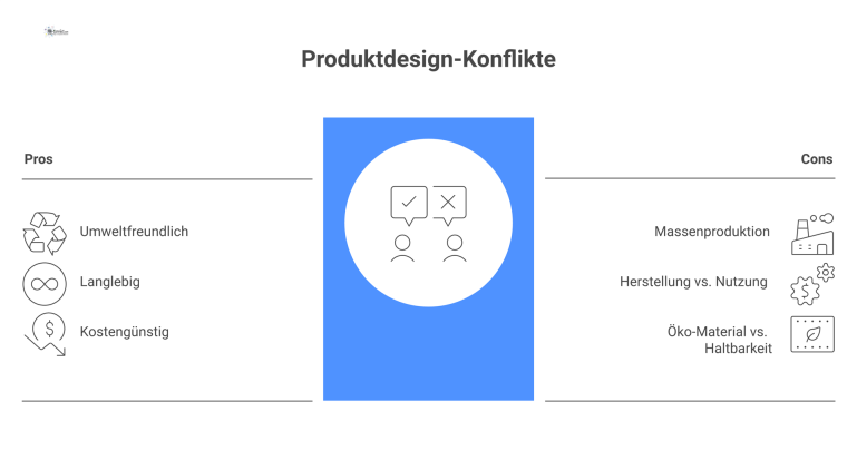 Zielkonflikte im Produktdesign Diagramm, das die vier Hauptachsen von Zielkonflikten im Produktdesign darstellt: Umweltaspekte, Lebenszyklusphasen, Ökologie/Ökonomie und Technik/Umwelt.